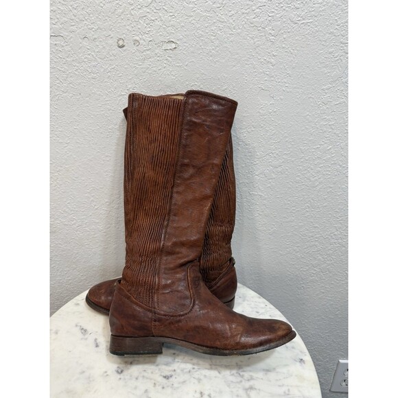 Frye Melissa Scrunch Brown Riding Boots Stretch Back Tall Pull On Leathers 7.5m - Picture 5 of 10